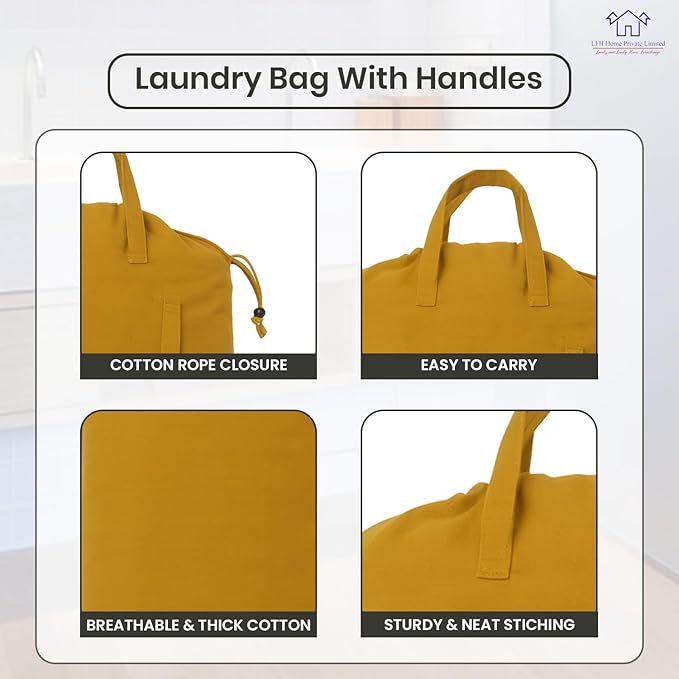 LFH Home Large Premium Cotton Canvas Laundry Bag with Drawstring and Handles Heavy Duty, Multi-Use, and Washable for Home, Travel, College or Storage 28x40 (Pack of 2)-Yellow