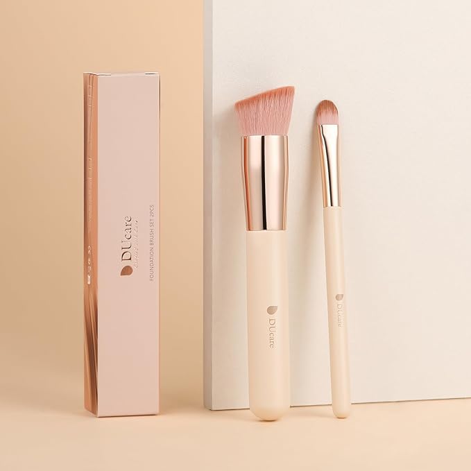 DUcare Foundation Concealer Brush 2Pcs Flat Top Kabuki Brush for Face Synthetic Liquid Blending Mineral Powder Makeup Tools pink