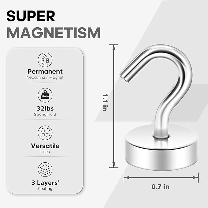 Neosmuk Magnetic Hooks, Cruise Ship Essentials, 30lb+ Heavy Duty Magnetic Hooks for Cruise Cabins, Refrigerator, Grill, Hanging, and Travel | Extra Strong Must-Have Magnet Hook, Silver
