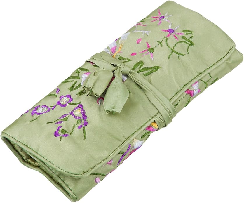 TUMBEELLUWA Embroidery Travel Jewelry Bag Roll Embroidered Flower and Bird Brocade Organizer with Tie Close