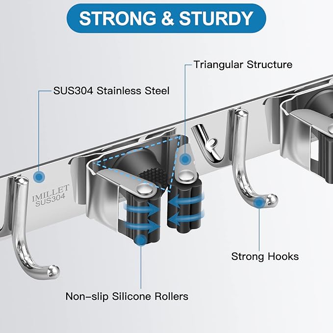 IMILLET 2 Broom Holder Wall Mounted, Stainless Steel Broom Mop Holder Self Adhesive Heavy Duty Hooks Storage Organizer for Home Laundry Room Garden Garage Closet Kitchen（4 Racks with 5 Hooks）