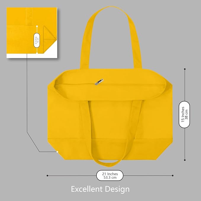 TOPDesign 3-Pack Canvas Tote Bags with an External Pocket, Reusable Grocery Shopping Bags, Top Zipper Closure, Daily Essentials (Yellow)