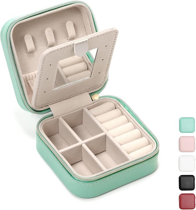 Jewelry Case with Mirror, Small Travel Jewelry Organizer, Portable Mini Storage Box for Rings, Earrings, Necklaces, Gift for Mother Mom, Girl, Daughter, Sisters, Bridesmaids, Mother's Day Gift (Blue)