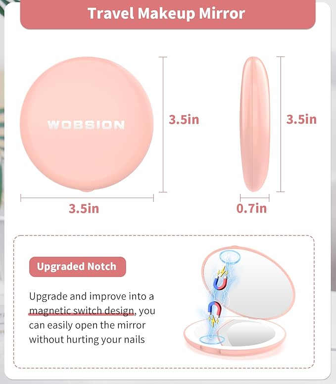 Wobsion Compact Travel Mirror - 1x/10x Magnification, Handheld 2-Sided, Perfect for Purses & Handbags