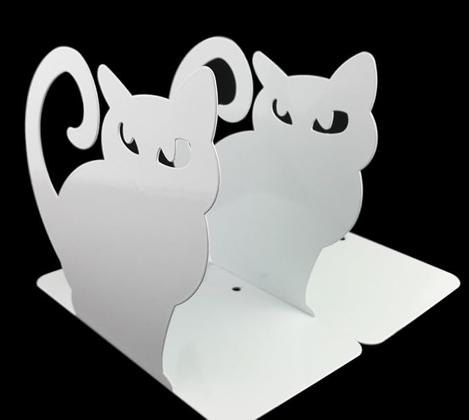 Winterworm Cute Vivid Lovely Persian Cat Nonskid Thickening Iron Metal Bookends Book Organizer for Library School Office Home Study Desk Organizer (White)