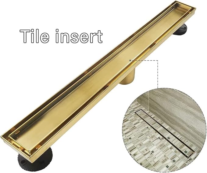 Neodrain 48-Inch Gold Linear Shower Drain, 2-in-1 Flat & Tile Insert Cover, Stainless Steel Linear Drain, Brushed Brass Rectangle Shower Floor Drain with Hair Strainer, CUPC Certified
