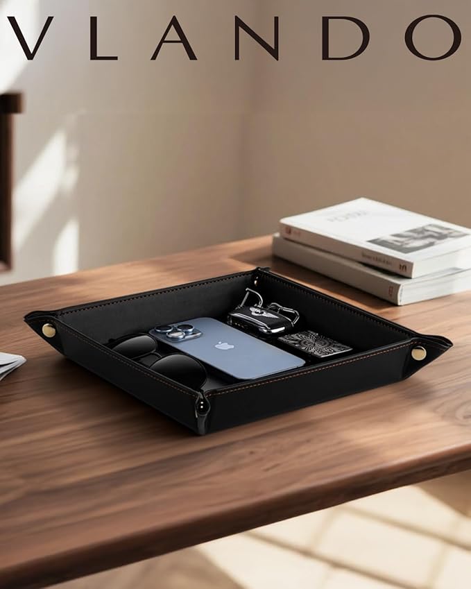 Vlando Valet Tray for Men Women, Nightstand Organizer Vanity Catchall Holder for Dresser Desk Storage Bedside, Travel PU Leather Jewelry Key Bowl Coin Watches and Candy Entryway Tray - Large, Black