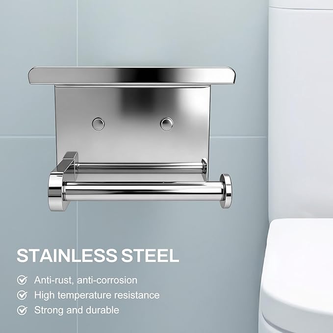 SetSail Toilet Paper Holder with Shelf Adhesive or Screw-in Bathroom Toilet Paper Roll Holders Wall Mount Heavy-Duty Tissue Holder for Bathrooms, Mirror Silver