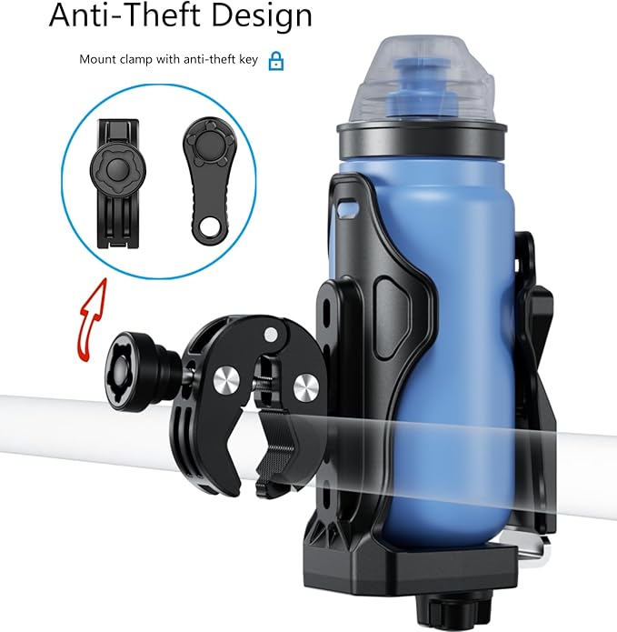 Kewig Anti-Theft Motorcycle Cup Holder, Extra Large Adjustable Size Bike Water Bottle Holder for 1.95-3.6" Diameter Bottles, Drink Holder for Stroller, Moto, Bicycle, Scooter, Wheelchair