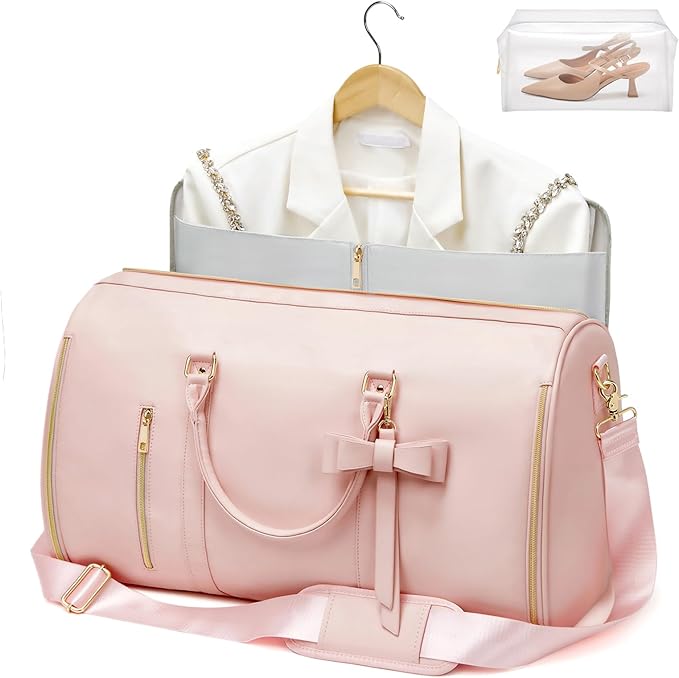 Garment Bags for Travel, Convertible Suit Travel Bag for Women, Fashion & Cute Carry On Garment Bag with Shoe Pouch, 2-in-1 Foldable PU Leather Hanging Duffle Bag, Single-Zipper Design, Pink