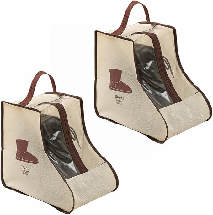 Travel Shoe Bags Tall/Short Boots Storage Bags Dust-proof Shoe Storage Organizer Shoe Pouch with Zipper for Travel and Daily (2 pack short beige)