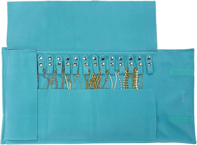 UnionPlus Velvet Travel Jewelry Roll Bag Organizer for Necklace, Elastic Band and Anti-winding, River Blue