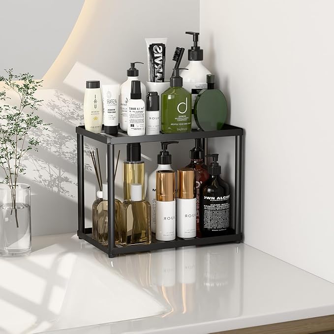 2 Tier Bathroom Counter Organizer, Rectangular Vanity Organizer Shelf, Skincare and Makeup Countertop Storage Rack for Kitchen, Bathroom, Bedroom, Black (Standard Version)