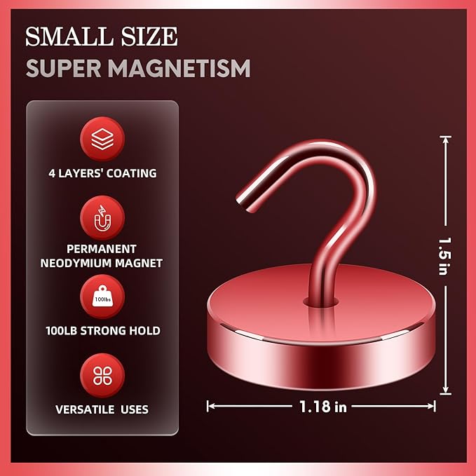 Neosmuk Magnetic Hooks, Cruise Ship Essentials, 100lb+ Heavy Duty Magnetic Hooks for Cruise Cabins, Refrigerator, Grill, Hanging, and Travel | Extra Strong Must-Have Magnet Hook, Red, 5 Pack