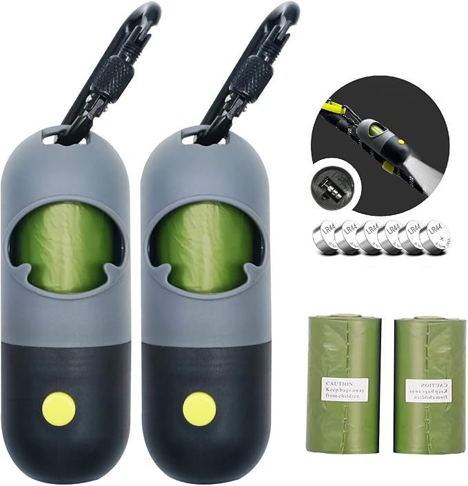 2 Pack Poop Bag Holder with Flashlight Waste Bag Dispenser for Leash with Clip and Battery Poop Bag Dispenser with Green Scented Poop Bags for Dog Walking(Black,2 Dispenser 60 Bags)