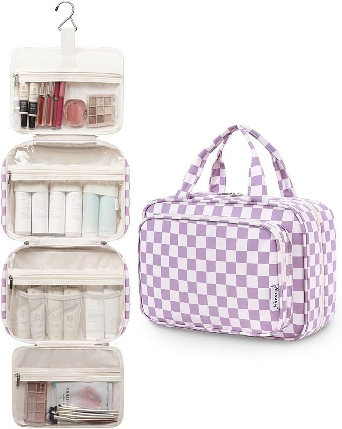 Narwey Travel Toiletry Bag for Women Large Hanging Makeup Bag Organizer Toiletries Bag for Full Size Essentials Accessories Cosmetics (Purple Checkerboard (Large))