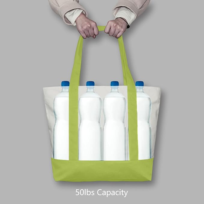 TOPDesign 3-Pack Canvas Tote Bags with an External Pocket, Reusable Grocery Shopping Bags, Top Zipper Closure, Daily Essentials (Light Green/Natural)