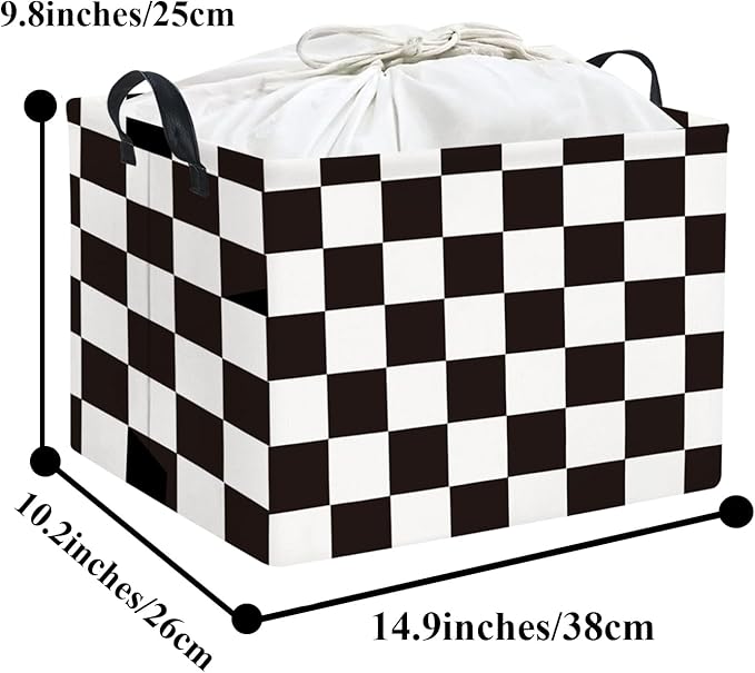 HIYAGON Rectangular Storage Bin Collapse Canvas Fabric Cartoon Storage Basket with Handles for Organizing Home Kitchen(Check)