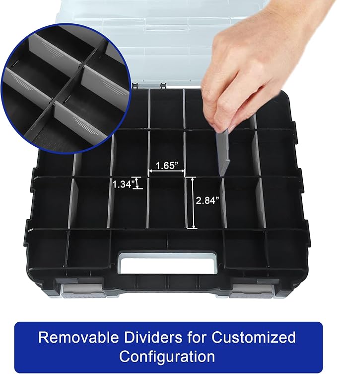 Double Side Tool Box Organizer, Hardware Storage Box, Portable Small Parts Organizer with Removable Plastic Dividers for Screws, Nuts, Nails, Bolts, Grey