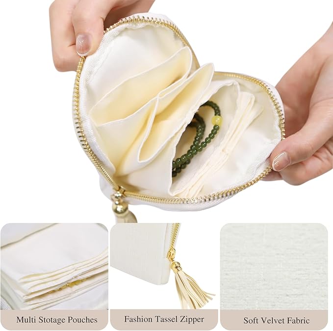 Stratalife Travel Jewelry Case Organizer for Women Portable Jewelry Box with Small Pouches for Gemstones Healing Crystal Bracelets, Necklace Bangles Storage, Pendants Ring Holder Zipper, White Tassel