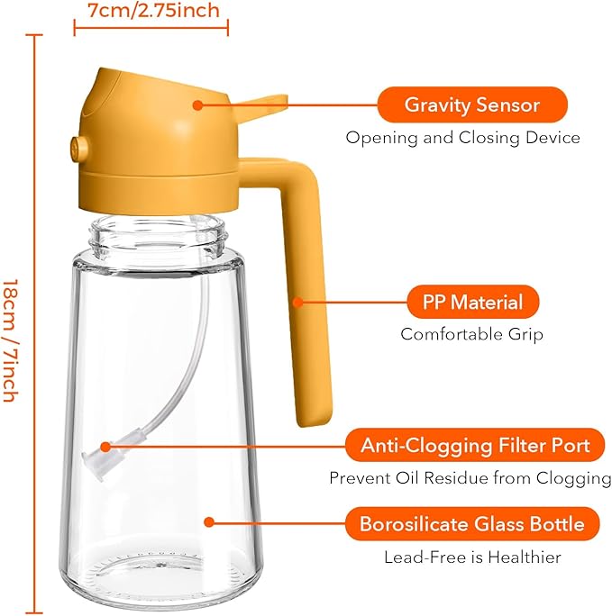 YARRAMATE 2Pcs 16oz/470ml 2 in 1 Oil Sprayer for Cooking with Stickers, Food-grade Glass Oil Spray Bottle, Oil Dispenser and Oil Sprayer for Kitchen, Salad, Frying, BBQ (White & Orange)
