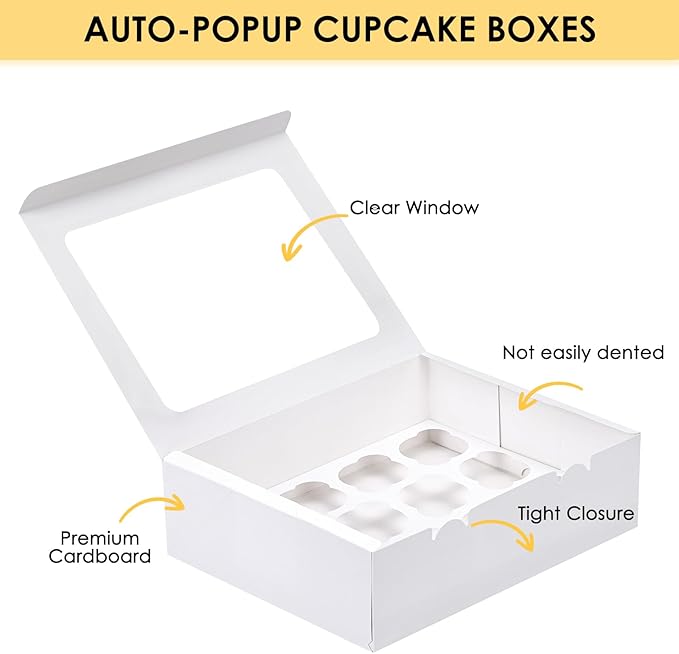 Moretoes 7 Pack Auto-popup Cupcake Boxes,12 Cupcake Containers, Bakery Carrier Boxes with Windows and Inserts for Grad Party Dessert Packaging (White)