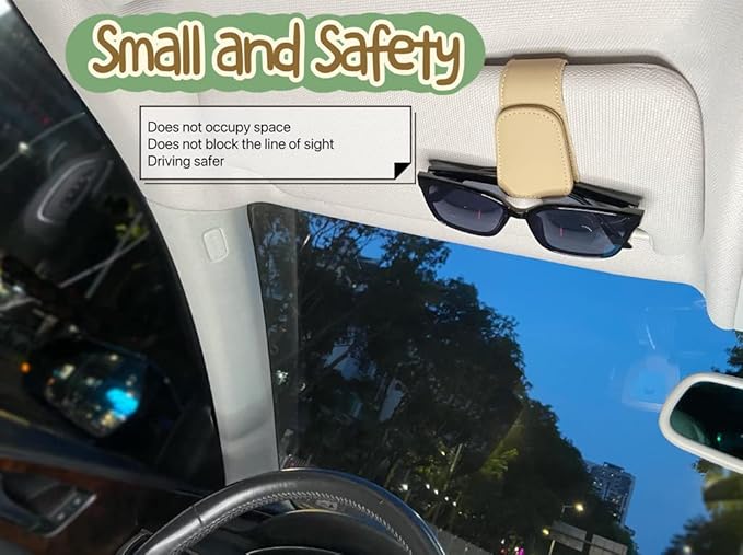 Magnetic Leather Sunglass Holder for Car, Sunglasses Clip for Car Visor, Auto Interior Accessories Universal for Different Size Eyeglasses (Beige)