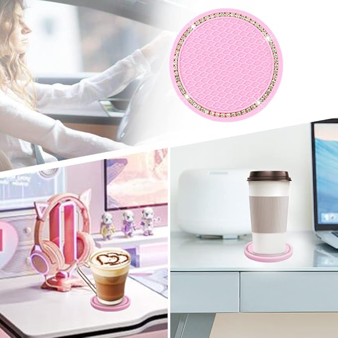 Car Coasters for Cup Holders, 2.75 Inch Auto Cup Holder Insert Coasters Silicone Anti-Slip Crystal Rhinestone Cute Drink Car Cup Mat, 4PCS Bling Car Accessories for Women & Lady (Pink)