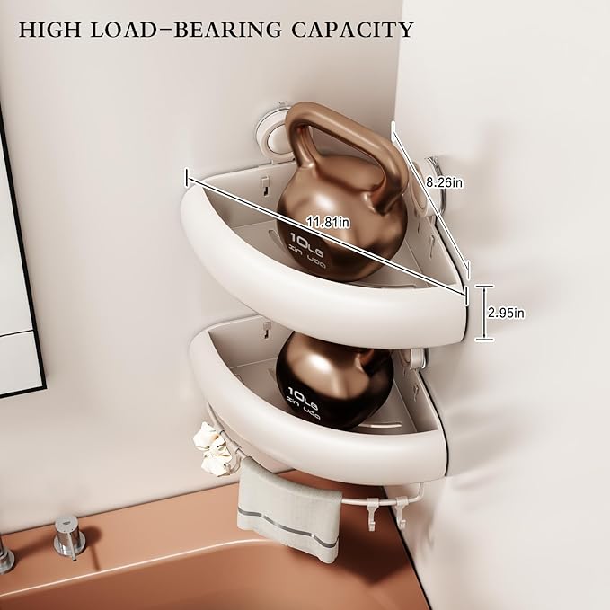Shower Caddy Suction Cup, 2 Pack No Drilling Corner Shower Shelves, Rust Proof Bathroom Storage Organizer, Shower Corner Caddy with Removable Hooks and Towel Bar, Triangle, White