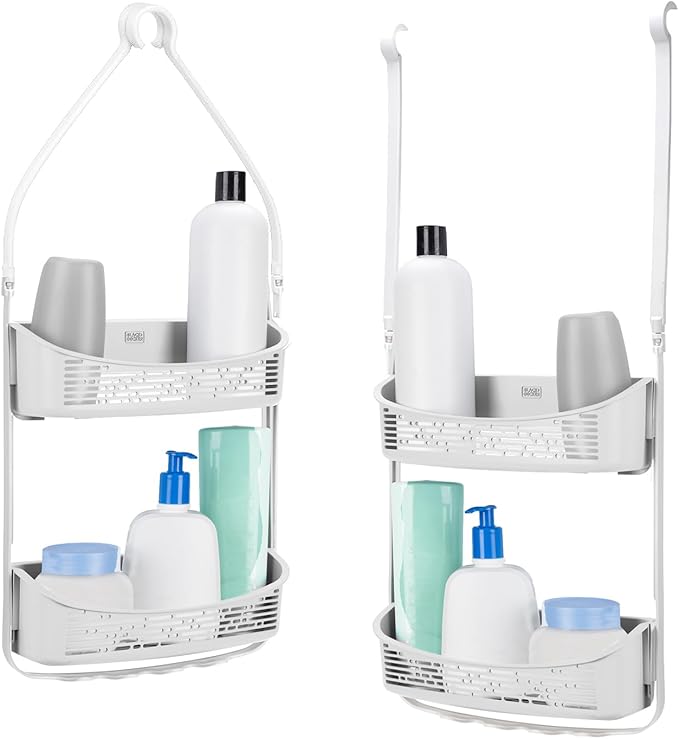 BLACK+DECKER 2-Way Convertible Hanging Anti-Swing Shower Caddy, 2 Way Adjustable Arm, Over The Door, Loofah & Razor Hooks, Storage & Organization, Large and Small Bottles and More, White