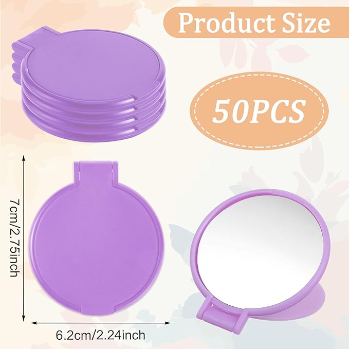 50 Pcs Round Compact Folding Portable Pocket Mirror for Purse Mini Folding Makeup Mirrors Bulk Vintage Travel Makeup Mirror for Women Daily Use (Purple)