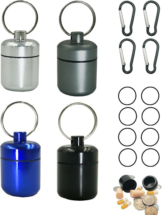 4 Pieces Keychain Pill Holder,Waterproof Seal Small Pill Box Mountaineering Keychain Portable Aluminum Alloy Pill Container Portable Coin Storage earplug case (4se)