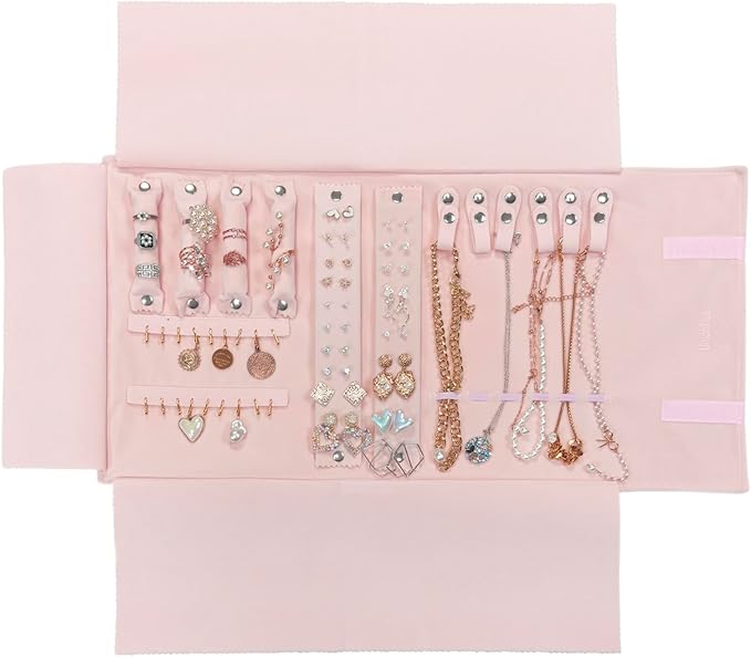UnionPlus Velvet Travel Jewelry Case Roll Bag for Necklaces Brackets, Great Jewelry Organizer for Travel, Multi Jewelry Organizer, Pink