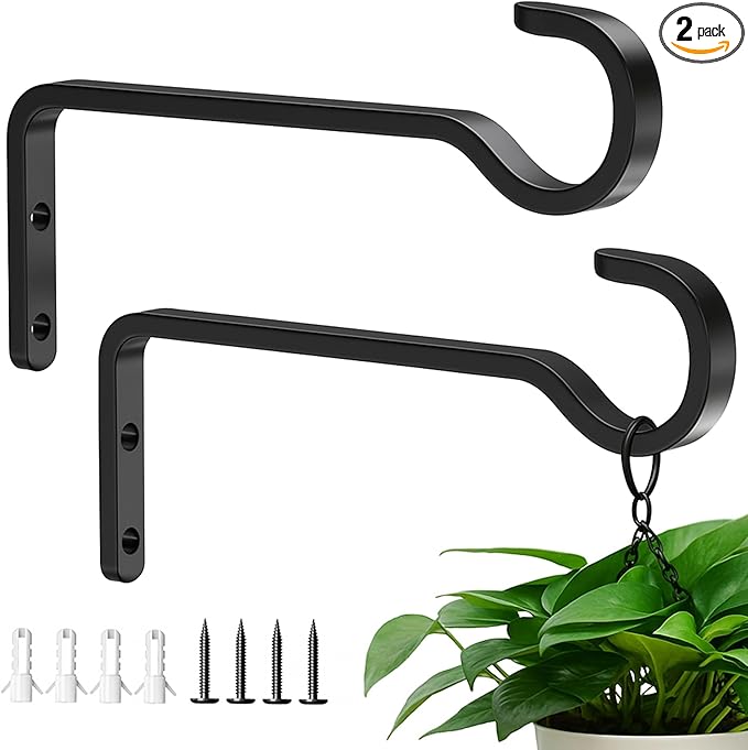 saffruff Heavy Duty Plant Hooks for Wall: 6-Inch 2 Pack Plant Hangers Outdoor, Hold 35lb, Bird Feeder Hanger for Outside, Iron Planter Brackets for Hanging Baskets, Wind Chime, Lantern, Metal - Black