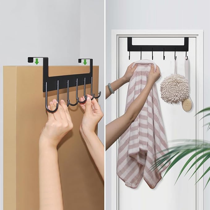 UDENIS Over The Door Hooks, Over The Door Hanger, Heavy Duty Metal Over The Door Towel Rack, Door Hooks for Hanging Coat, Towel, Bag, Robe - 6 Hooks(Matte Black 2Pcs)