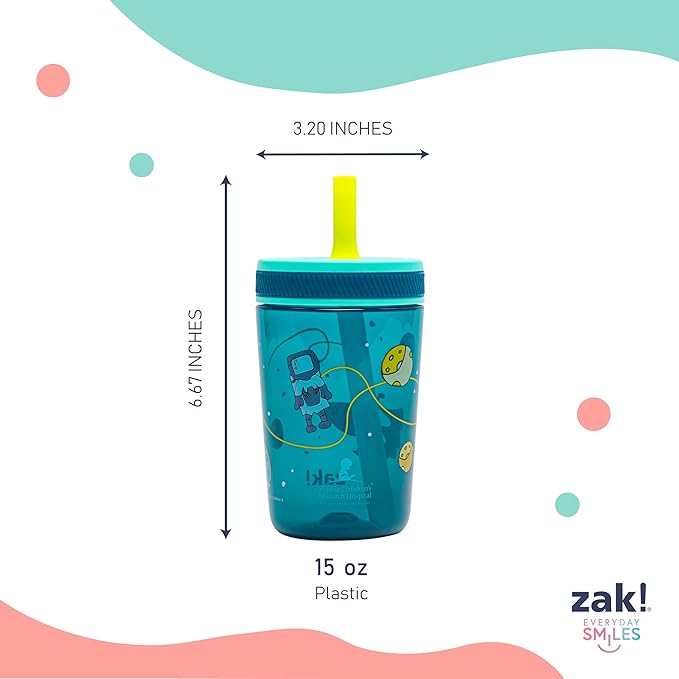 Zak Designs St. Jude Kelso Toddler Tumblers For Travel or At Home, 15oz 2-Pack Durable Plastic Sippy Cups With Leak-Proof Design is Perfect For Kids (Space and Smiles)