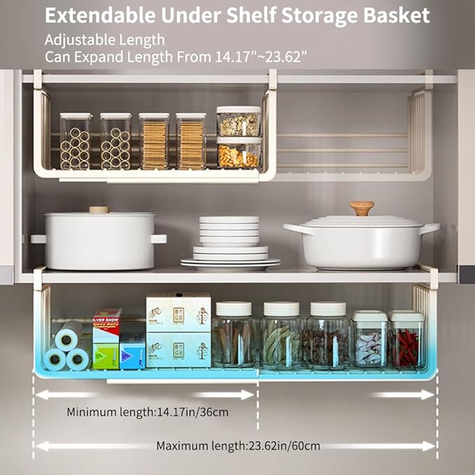 Extendable Under Shelf Storage Basket, Hanging Baskets Under Cabinet Shelf Organizer, for Cabinet Pantry Kitchen Cupboard Desk Counter Bookshelf Organization Space Saver Heavy Duty Slide-in