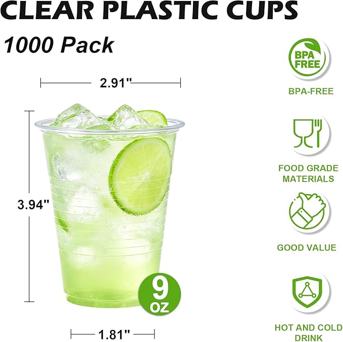 Lamosi 1000 Pack 9 oz Clear Plastic Cups, Plastic Disposable Cups, Cold Drinking Water cups for Party, Wedding, Travel, BBQ, Picnic, Event