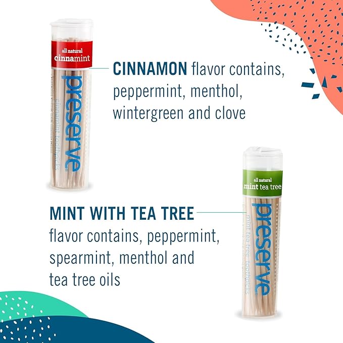Preserve Toothpicks Refreshing Natural Mint Tea Tree Flavored Toothpicks for Fresh Breath Teeth & Gums - Sustainably Harvested Birch Wood - 3 Travel Cases (105 Picks)