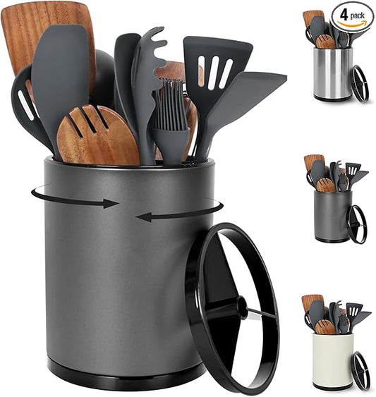 Extra Large Kitchen Utensil Holder - 360° Rotating Stainless Steel Cooking Utensil Holder for Countertop, 3 Compartment Flatware Organizer & Utensil Caddy with Removable Base（Grey）