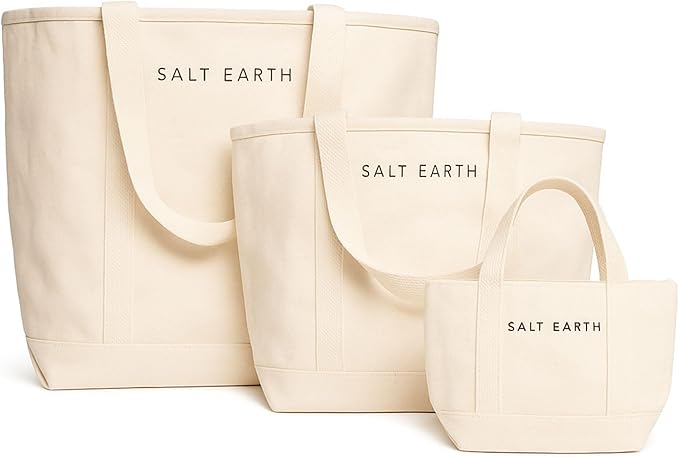 Salt Earth Canvas Tote Bags for Women – Pack of 3 (Large, Medium, Mini), 100% Cotton Multipurpose Unique Reusable Tote Bag Set for Shopping, Work, Travel, Beach, DIY & Christmas Gifts