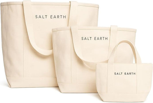 Salt Earth Canvas Tote Bags for Women – Pack of 3 (Large, Medium, Mini), 100% Cotton Multipurpose Unique Reusable Tote Bag Set for Shopping, Work, Travel, Beach, DIY & Christmas Gifts