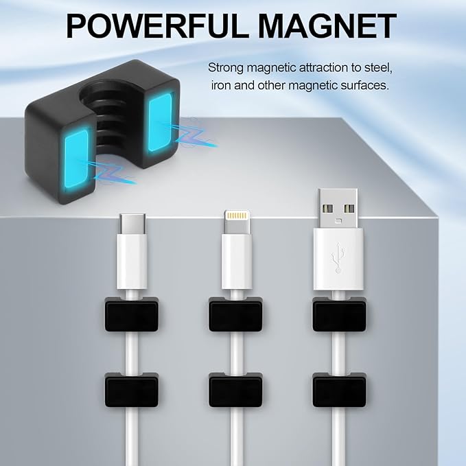 10 Pack Magnetic Cord Holder, Cable Clips - Strong Magnet Wire Management for Office, Under Desk, Nightstand, Car, Kitchen, Reusable Desk Cable Organizers