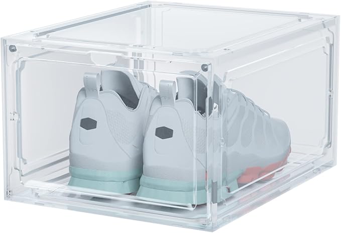 HIYOHIYO 1 Pack Shoe Boxes Clear Plastic Stackable, Sneaker Containers Magnetic Shoes Storage Box Foldable Drop Front Organizer Shoes Cases for Home Display Bins Fit up to Size 14 (14.2"x 11"x 7.9")