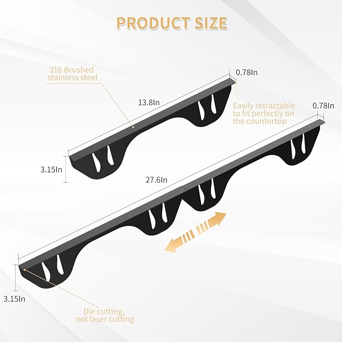 Stove Gap Covers 316 Stainless Steel,2 Pack Stove Gap Filler,Heat Resistant Stove Gap Guards,Slide in Range Trim Kit,Easy Adjustable Length 13.8" to 27.5",Width 0.78",Fits Narrow Gaps,Black