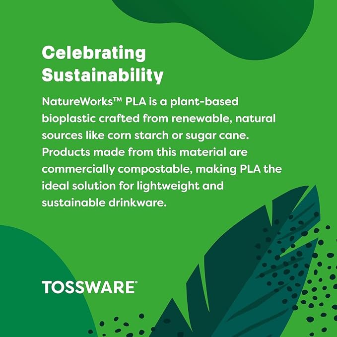 TOSSWARE NATURAL 12oz Arc - Plant Based 98mm Clear Cold Cups - Plastic Alternative for Parties, Bachelorettes, Weddings - Recyclable - Set of 500