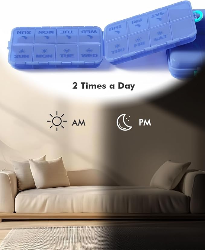 Pill Organizer Medicine Organizer Travel Essentials - Weekly Medicine Dispenser with Etched Labels, 7 Day AM PM Dispenser, Travel Pill Box, Foldable Medicine Case