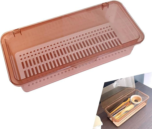 Flatware Tray with Lid and Drainer, Silverware Tray Kitchen Dinnerware Holder and Utensil Storage Container for Flatware and Silverware (Brown)