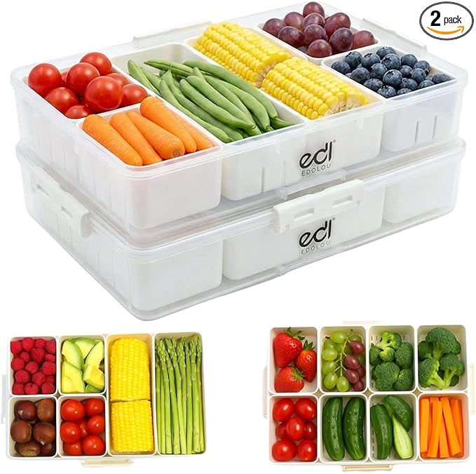 Stackable Snackle Box Organizer – 14 Compartments, BPA-Free & Portable with Lids & Handles – Reusable, Dishwasher & Microwave Safe Snacklebox for Fruits, Veggies & Snacks (White, 2 Pack)