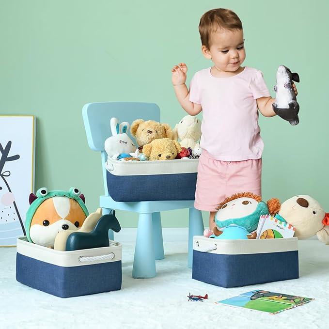 TheWarmHome Storage Basket for Organizing - Medium 3 Pack 14x10x7 inch Fabric Storage Cubes for Shelves with Rope, Collapsible Storage Bin for Organizer Closet Cloth Gift Toy (White & Jean Blue)